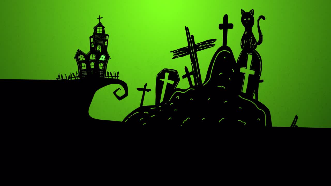 绿色背景上万圣节墓地，鬼魂和满月的动画