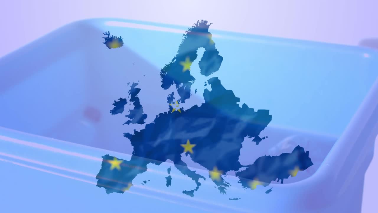 动画的欧盟旗帜星星与回收箱紫色的背景