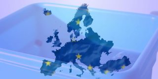 动画的欧盟旗帜星星与回收箱紫色的背景