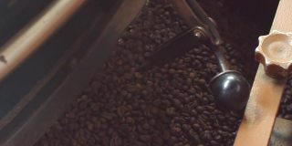 烘烤过的棕色咖啡豆从机器里掉出来