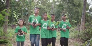 一群环保志愿者在森林里植树。地球日。