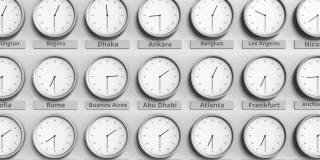 关注显示阿拉伯联合酋长国阿布扎比时间的时钟。三维动画
