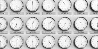 时钟显示美国安克雷奇的时间在不同的时区。三维动画