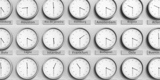 不同时区的时钟显示德国法兰克福时间。三维动画