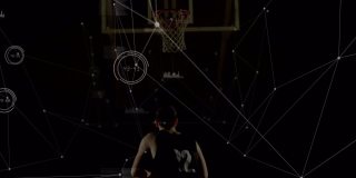 数据处理的动画，连接的网络混合高加索篮球运动员在体育馆