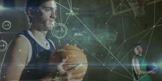 在体育馆内不同篮球运动员的数据处理和网络连接的动画