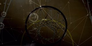 数据处理的动画，连接网络的混合种族男性篮球运动员在健身房