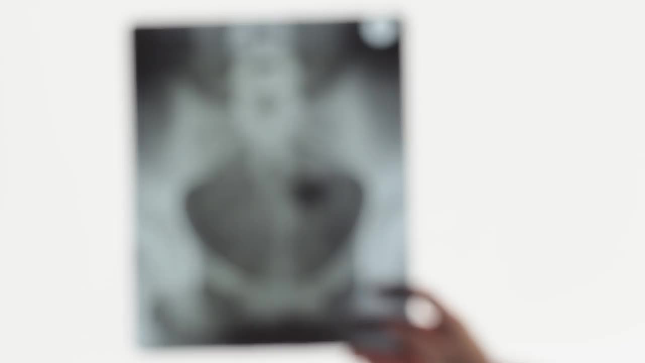 女医生手持骨盆骨x光片。放射科医师在光幕或负镜背景下检查扫描。逐渐关注