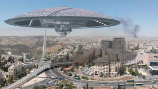 大城市上空的外星飞碟，3d插图视频素材模板下载