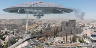 大城市上空的外星飞碟，3d插图