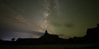 在犹他州的沙漠中，仰望银河的夜空中的辉光