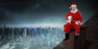 圣诞老人的动画与吉他，季节问候圣诞文本和雪花落在城市