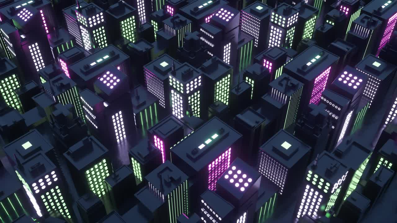 抽象城市虚拟现实。未来的运动图形。紫外线霓虹灯发光。霓虹灯城市的80年代复古未来风格。VJ合成波循环3D动画音乐视频