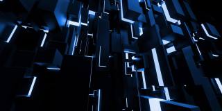抽象循环4k深蓝色背景霓虹灯像赛博朋克夜城。网络的不同大小块作为灯泡。Bg为表演或活动，音乐视频，VJ循环夜店