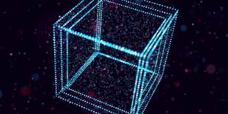 摘要发光粒子在空间中形成三维物体。多维数据集。Vj循环作为虚拟数字空间的bg。粒子形成全息影像的形状，作为大数据、网络或vr空间的概念。科幻运动设计bg