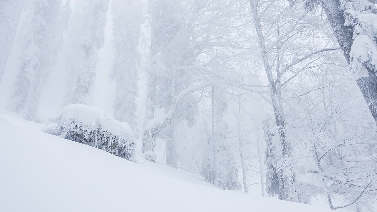 自由滑板者从悬崖上跳下，降落在刚刚落下的雪上，在壮丽的冰冻风景中