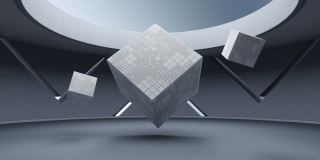 圆形房间里的立方体，3d渲染。