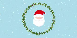 动画圆形槲寄生花环与卡通圣诞老人和下雪的蓝色背景