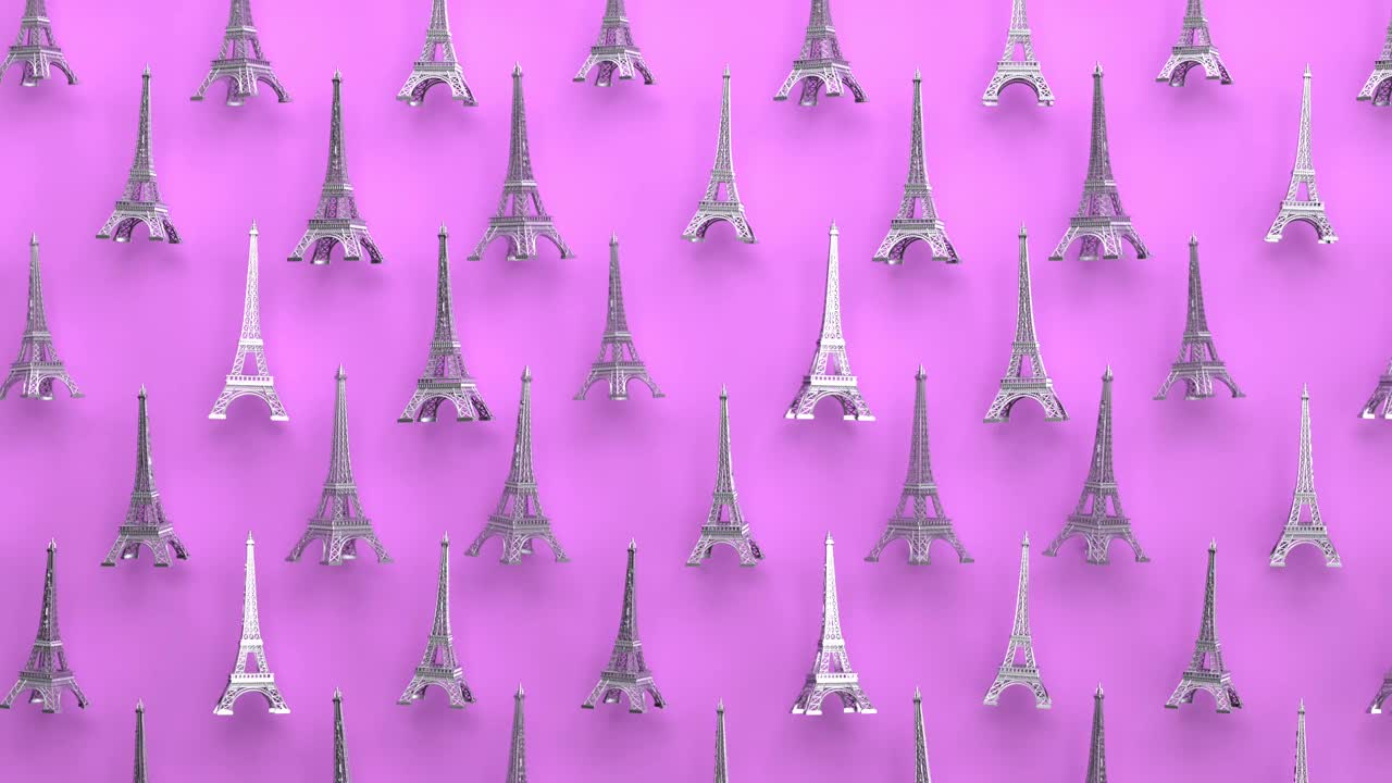 旋转金属埃菲尔铁塔无缝循环动画粉色背景，巴黎旅游地标和法国建筑的旅游浪漫象征，城市著名的欧洲国家历史遗迹