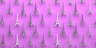 旋转金属埃菲尔铁塔无缝循环动画粉色背景，巴黎旅游地标和法国建筑的旅游浪漫象征，城市著名的欧洲国家历史遗迹