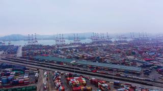 中国连云港集装箱码头一派繁忙景象视频素材模板下载