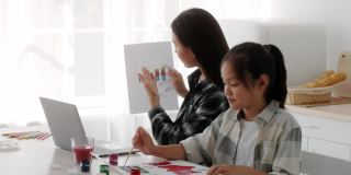 日本自由作家妈妈在虚拟会议，而女儿在室内画画