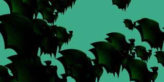 万圣节蝙蝠-万圣节概念-蝙蝠向上拍打翅膀-循环-成百上千的蝙蝠向上冲-万圣节-万圣节蝙蝠飞行无尽的循环-蝙蝠循环-蓝色背景-绿色- А蝙蝠群