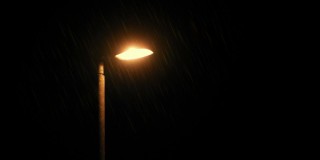 暴风雨之夜的街灯照亮了雨
