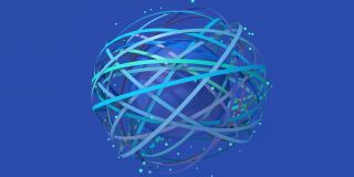 一组蓝色圆圈形状和蓝色纹理球体。蓝色背景。抽象动画，3d渲染。