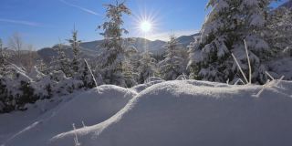 森林和山上的冬天童话。相机在雪山上移动，雪景在清晨的阳光下闪闪发光。冬天在山上，万向节拍摄