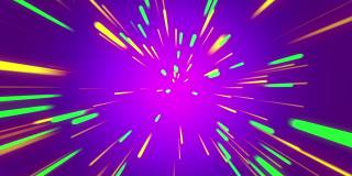 紫色背景上的彩色直线。摘要霓虹灯、激光和线条的无缝循环动画。空间中的抽象氖线。未来科幻线。4K 3d动画