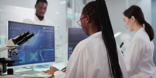 非洲和亚洲的科学家正在研究DNA样本。带有DNA序列和脑波扫描的电脑屏幕。讨论