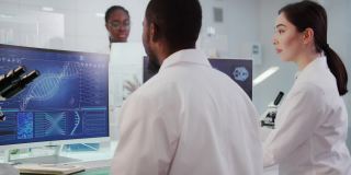 非洲和亚洲的科学家正在研究DNA样本。带有DNA序列和脑波扫描的电脑屏幕。通过医学样本
