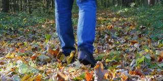 穿着黑色运动鞋和蓝色牛仔裤的男性脚走过森林，脚下的树叶沙沙作响。从摄像机出发
