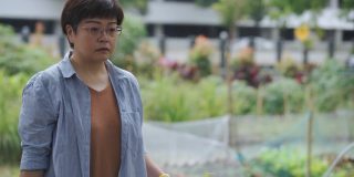 可持续的生活方式亚洲华人中年妇女携带2盆栽植物安排在后院蔬菜花园