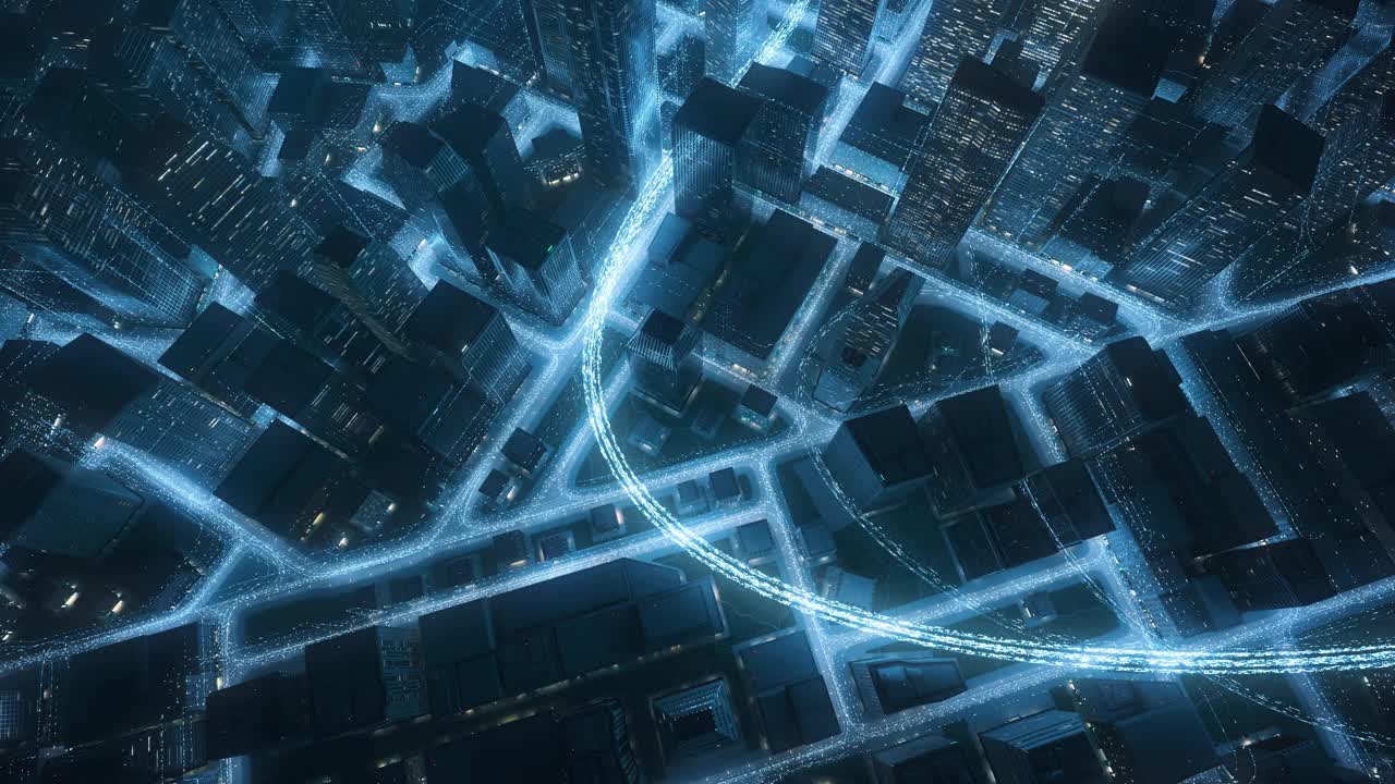 飞行在城市景观与发光的数据线-大数据，物联网，未来主义建筑
