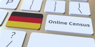 在线人口普查文本和德国的旗帜在键盘上。概念3 d动画