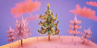 装饰圣诞树下雪3D渲染无缝循环动画