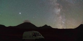 在法国比利牛斯山的露营车上，夜空中移动着银河
