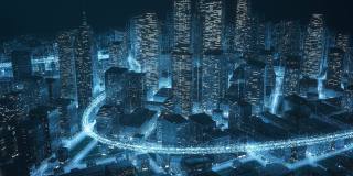 城市景观与发光的数据线-大数据，物联网，未来主义建筑