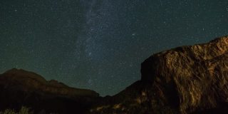 银河系和仙女座星系在夜空中移动，前景是岩石的形成，西班牙托拉