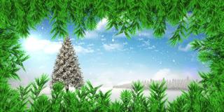 圣诞树上的树枝和雪花飘落在蓝色的天空上