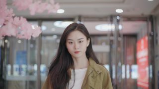 年轻美丽的中国女性正在购物，她们留着长长的棕色头发，对着镜头微笑着视频素材模板下载