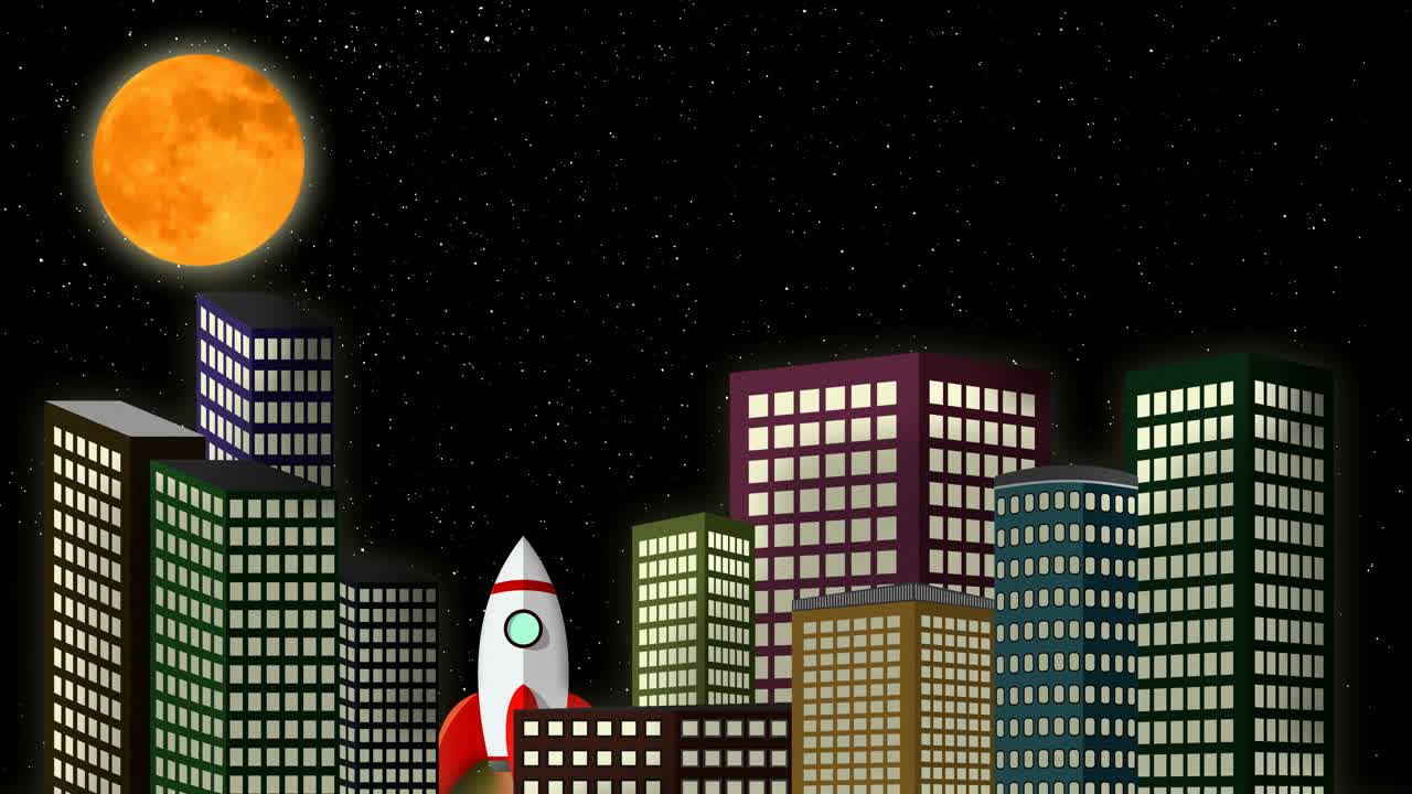 在城市和月亮的背景下，火箭发射到太空中的星星