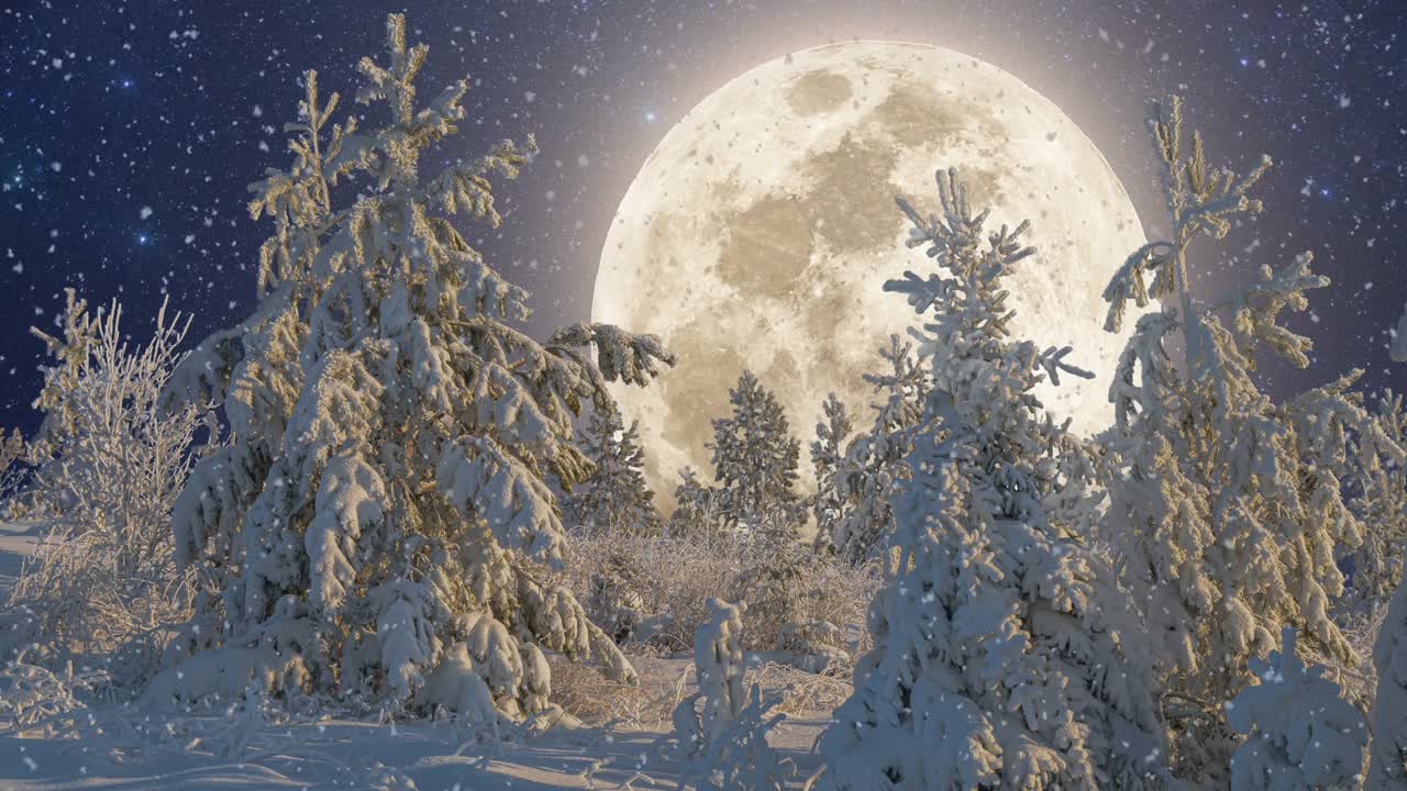 冬天的风景与夜空和明亮的月亮。冰雪覆盖的森林里的雪。云杉树枝在雪地里。从山顶上看