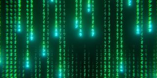 数字背景，二进制代码黑色和绿色背景与数字在屏幕上移动，数字时代的概念。算法二进制，数据编码，解密编码，行矩阵。