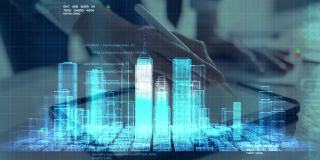 人工智能智慧城市元宇宙物联网网络技术控制HUD界面，三维城市模型与数字大数据分析计算机编码监控屏幕