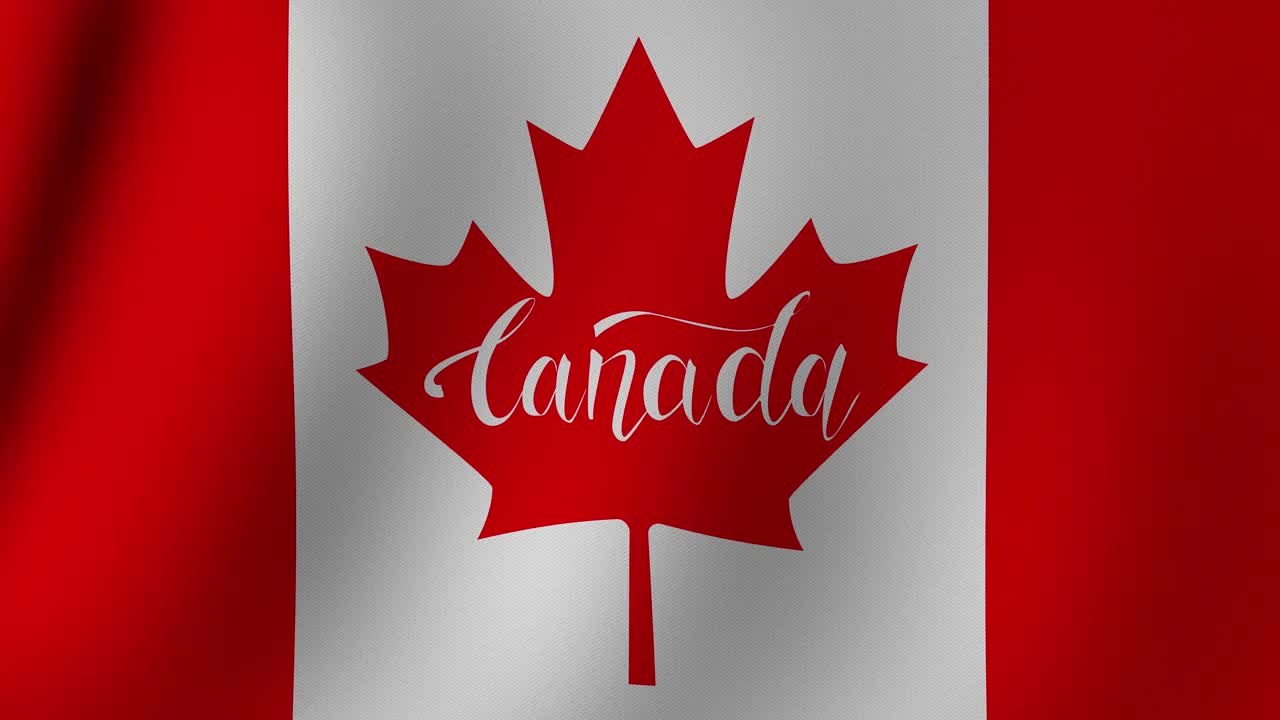 加拿大国旗特写与织物结构。加拿大国旗在风中飘扬。加拿大国家假日的装饰写实设计元素。加拿大的符号与字母。4K图形运动循环