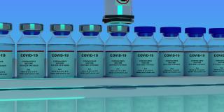 实验室大规模生产SARS-COV-2 COVID-19冠状病毒疫苗，机器将瓶盖放在药品传送带上的研究实验室。可循环素材。3d渲染
