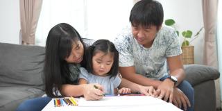 幸福的亚洲家庭和他们的女儿们在家里的客厅里用彩色铅笔画画。